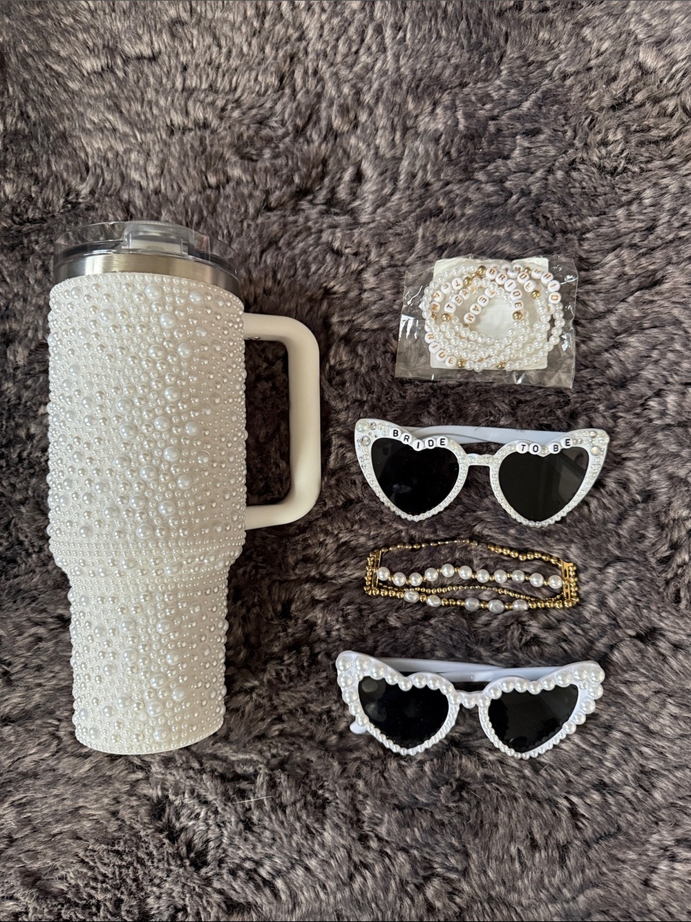Pearl-Embellished White Tumbler with Pearl Sunglasses and Jewelry Set